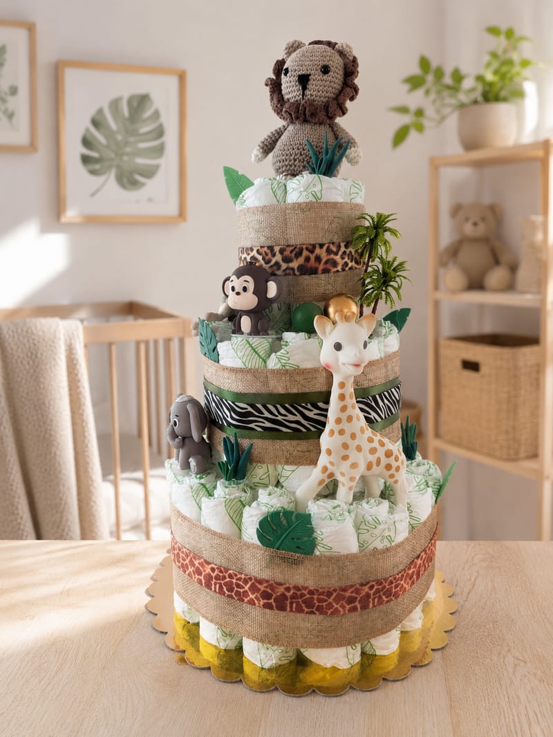 Détail d’un gâteau de couches avec rubans et accessoires bébé
