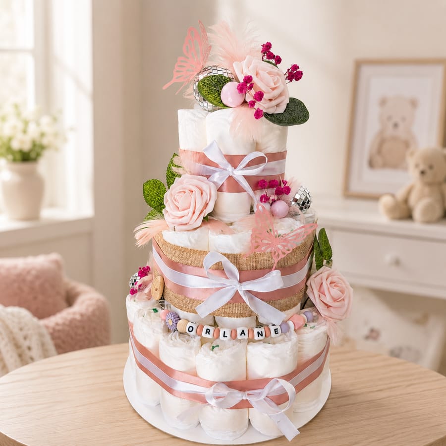 Gâteau de couches personnalisé fait main en Drôme pour cadeau de naissance original