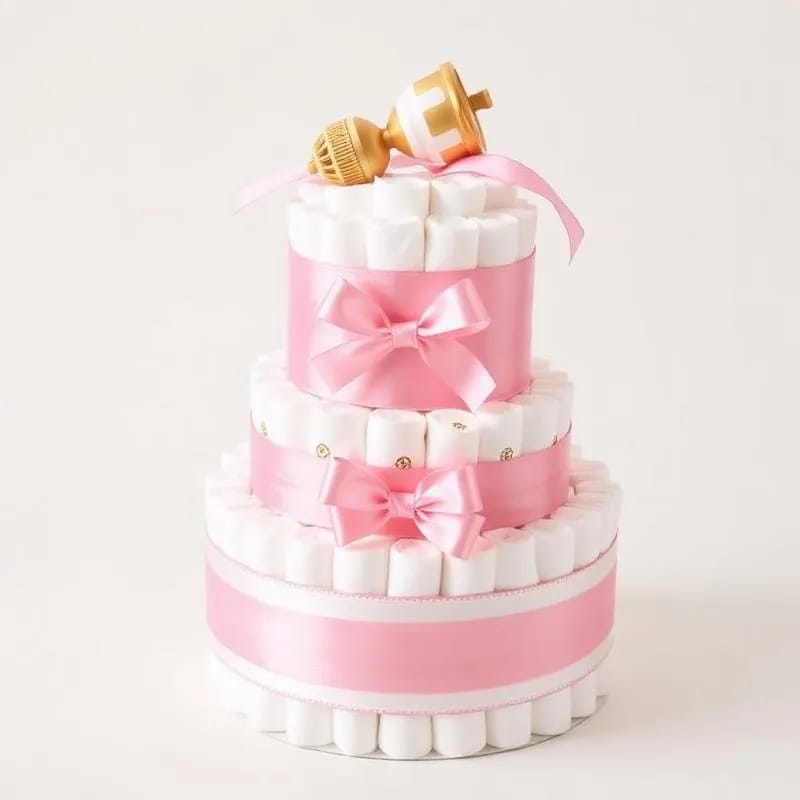 Gâteau de couches 2 étages avec ruban et accessoires