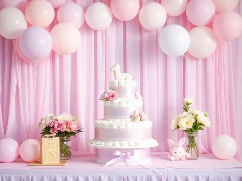 Table de baby shower décorée avec pièce maîtresse cadeau